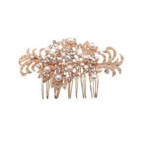 Peineta Metalica con Brillantes y Perlas Para Peinado Alto